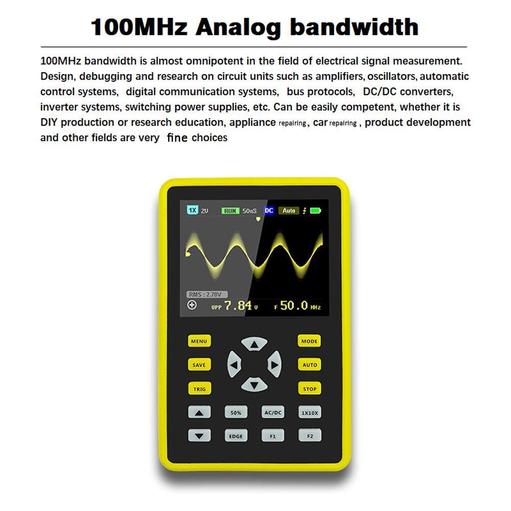 DollaTek Cyfrowy mini oscyloskop, przenośny 2,4-calowy ekran LCD o szerokości pasma 100 MHz i częstotliwości próbkowania 500 MS/s
