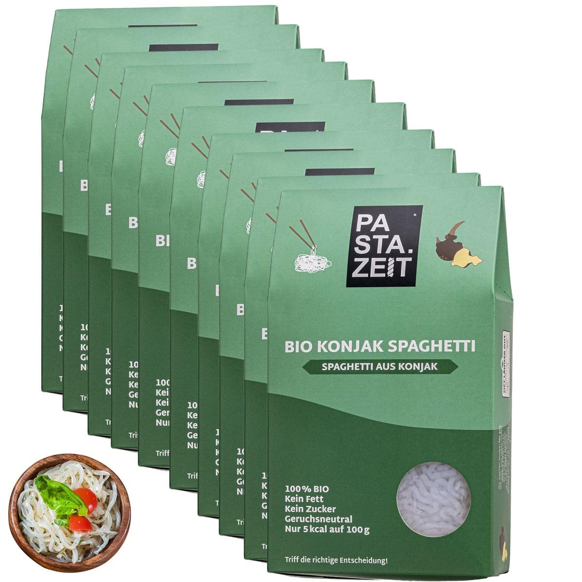 PASTAZEIT Bio Konjak Nudeln Spaghetti - No Carb Nudeln, Weizenfrei, Bio, Vegan, Low Carb, Kein Fett - Kalorienarme, nur 5 kcal, kohlenhydratfrei, Shirataki (10 x 400 g)