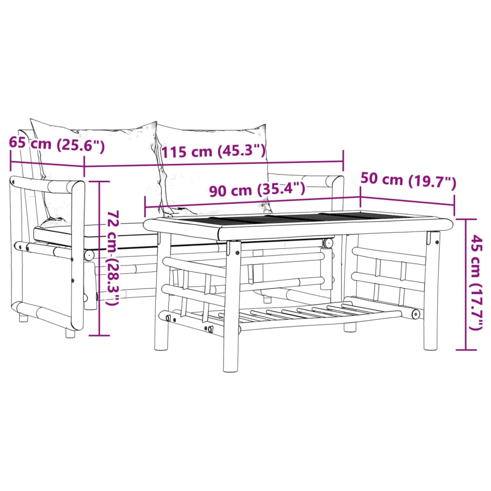 Homgoday Set da Giardino in BAMB¨´ con Tavolo e Divano a 2 Posti, Cuscini Sfoderabili e Lavabili, Bianco Crema, Capacit¨¤ di Carico 110 kg per Posto, Ideale per Esterni
