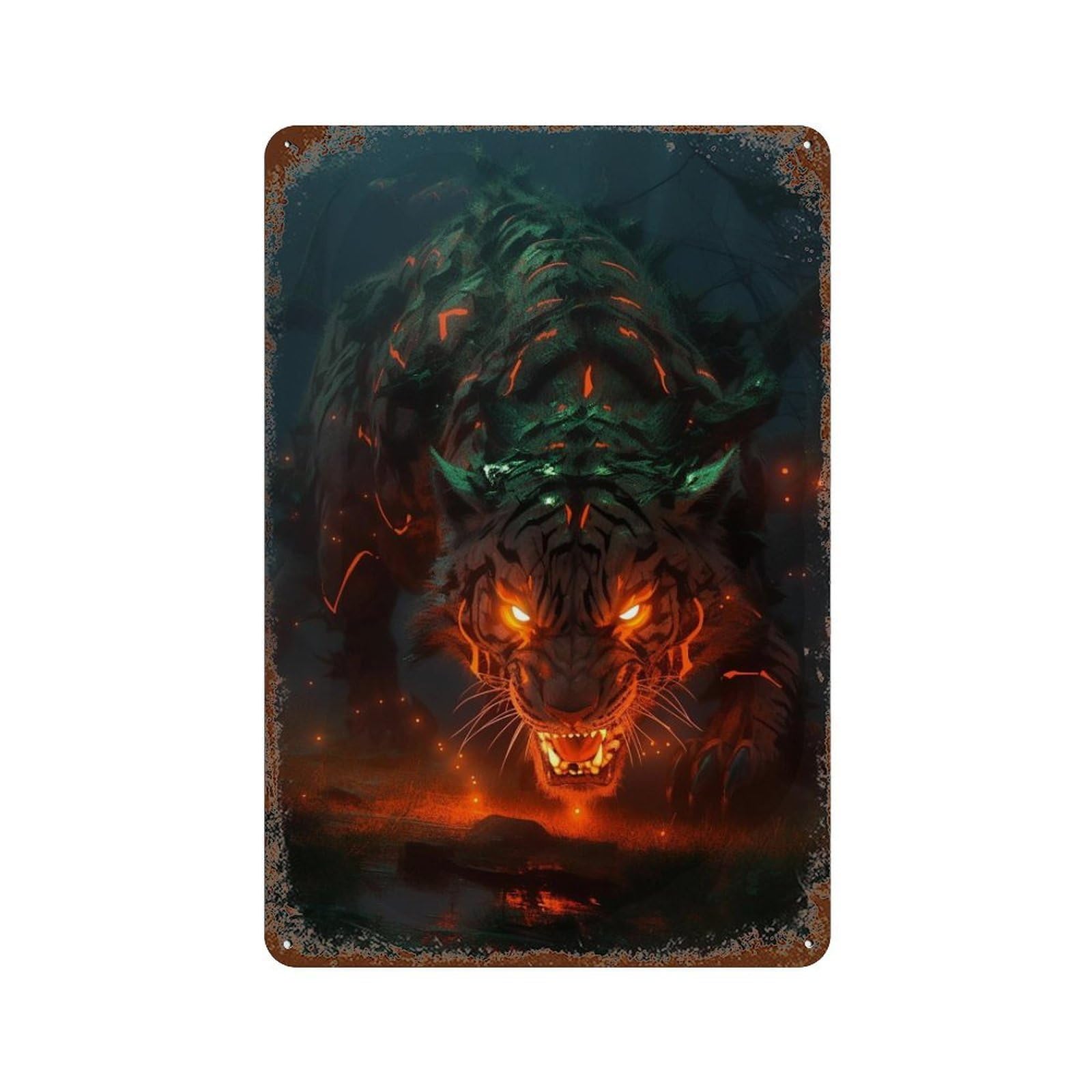 Fiery Tiger in Dark Forest Aged Metal Wall Plaque 11.8"x7.9", Rustic Home Decor for Garage, Pub Or Kitchen