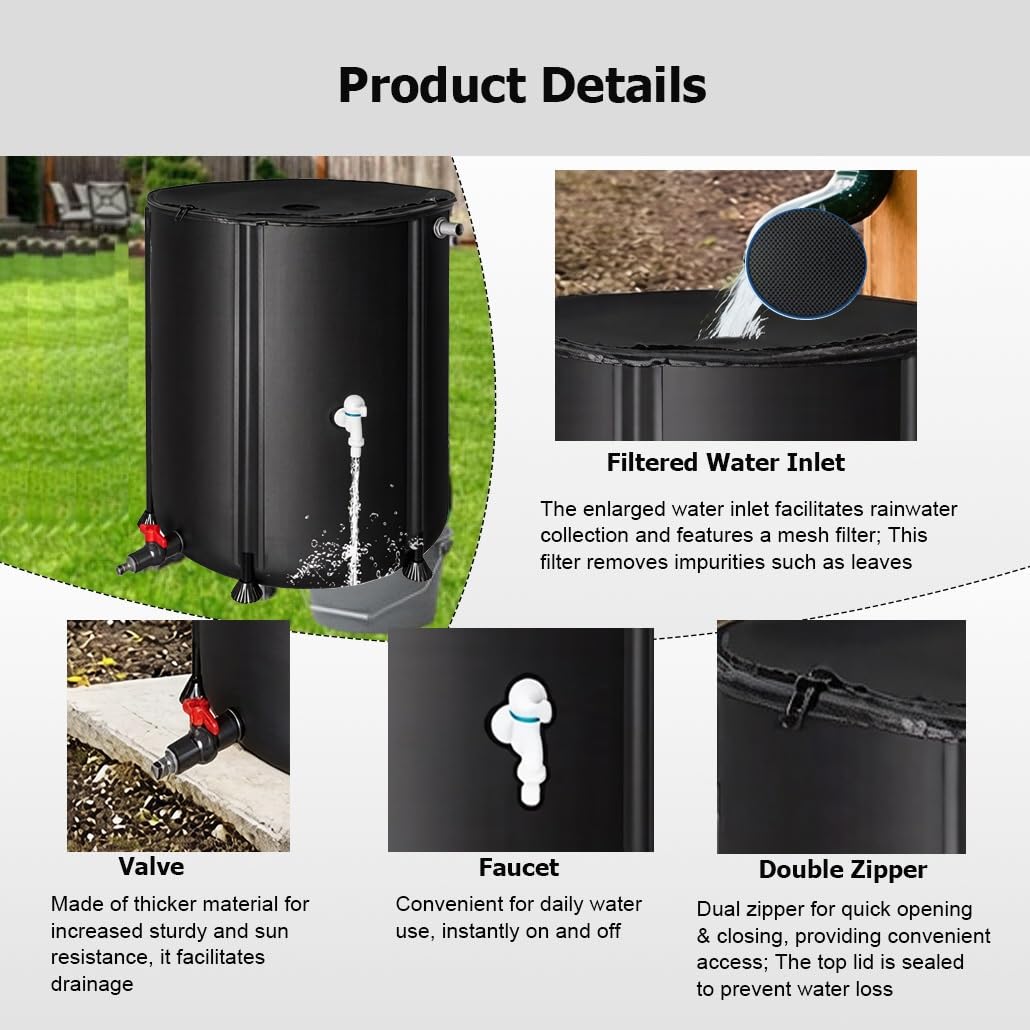 Barriles de Lluvia Plegables de 13 a 264 galones for recolectar Agua de Lluvia de canaletas, Sistema de recolección de Agua de Lluvia, contenedor colector(Black,1x1.25m/1000L/264gal)