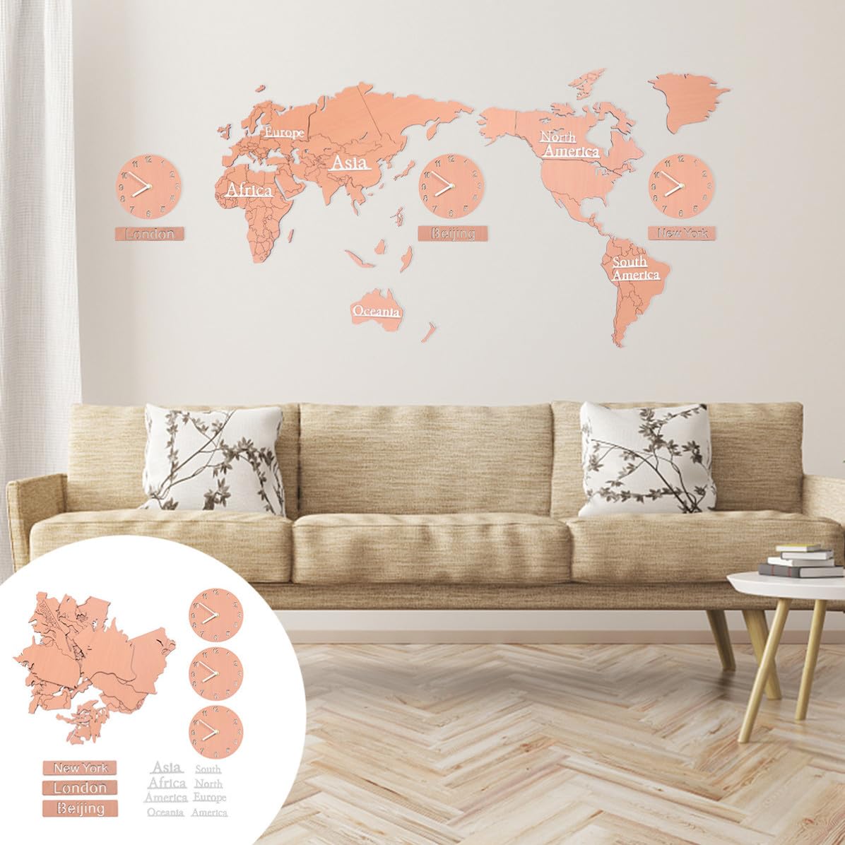 Reloj de Pared Decorativo Mapa del Mundo y Múltiples Zonas Horarias