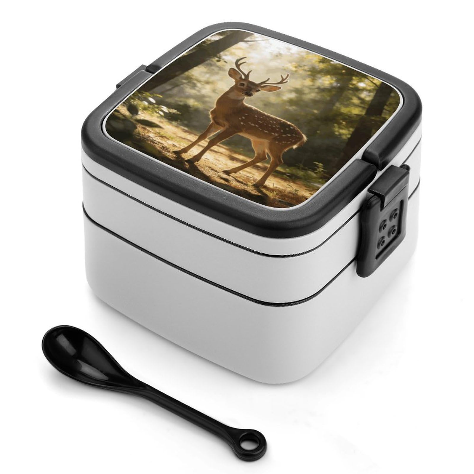 LZQPOEAS Deer Encounter The Dawn Light Bento Box with Handle Spoon Portable Leak-Proof Lunch Box 1000 ML Large Insulated Adult Lunch Boxes 2-Layer Stackable Lunch Container for Work Gym Outdoor