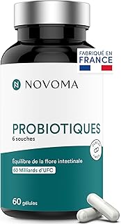 Visuel du produit : NOVOMA Probiotiques, Complexe pour la Flore Intestinale, 60 Milliards UFC/Jour, 6 Souches Naturelles, Ferments Lactiques, 60 Gélules Vegan Gastro-Résistantes, Fabriqué en France