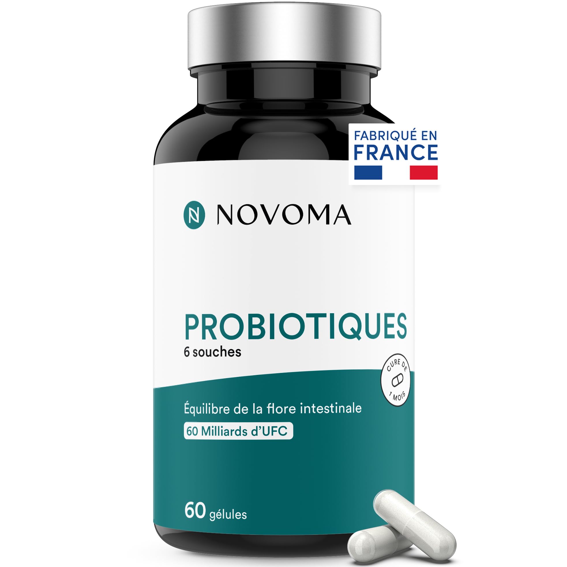 NOVOMA Probiotiques, Complexe pour la Flore Intestinale, 60 Milliards UFC/​Jour, 6 Souches Naturelles, Ferments Lactiques, 60 Gélules Vegan Gastro-​Résistantes, Fabriqué en France