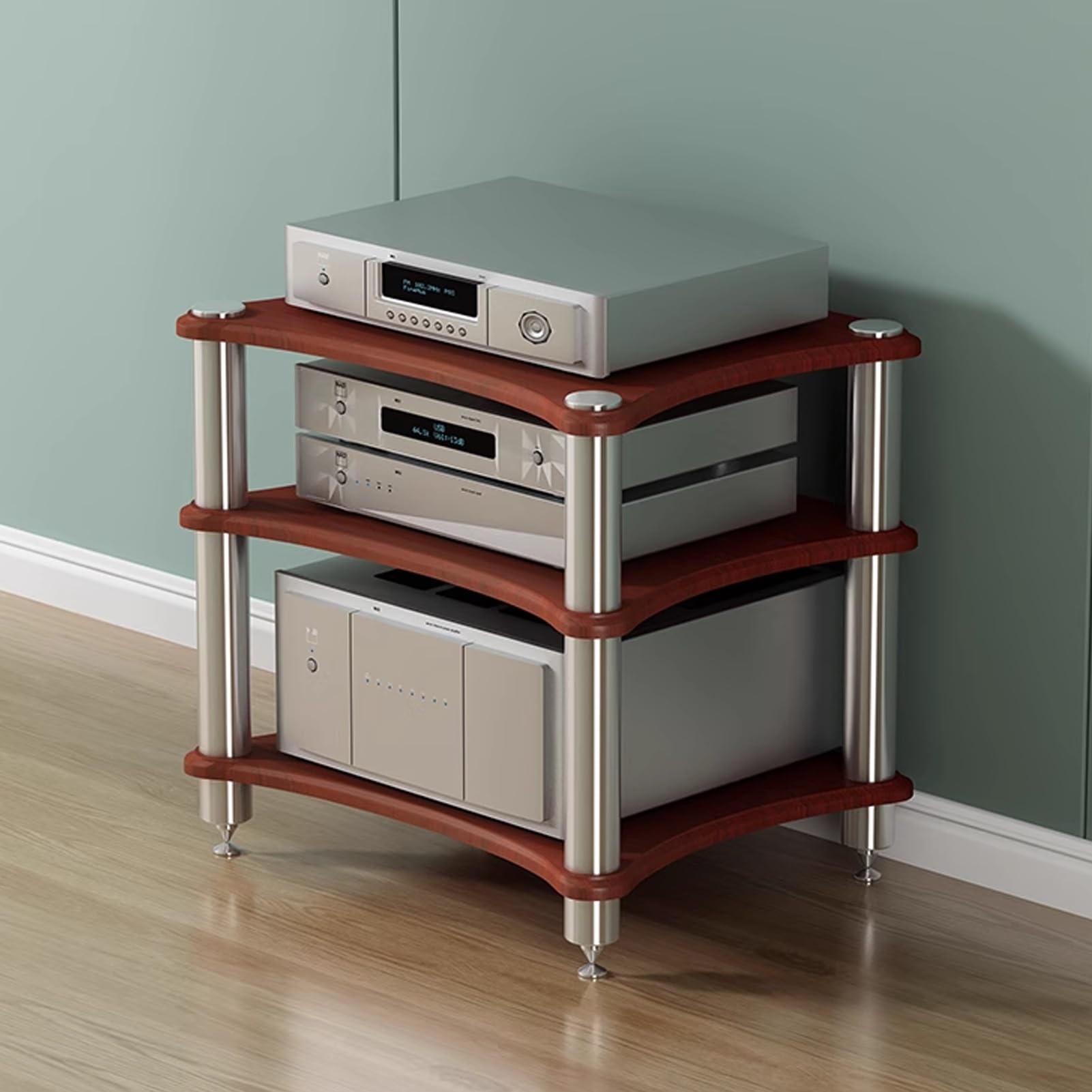 Estante de audio de madera para organizar el cine en casa con espacio para consolas y routers