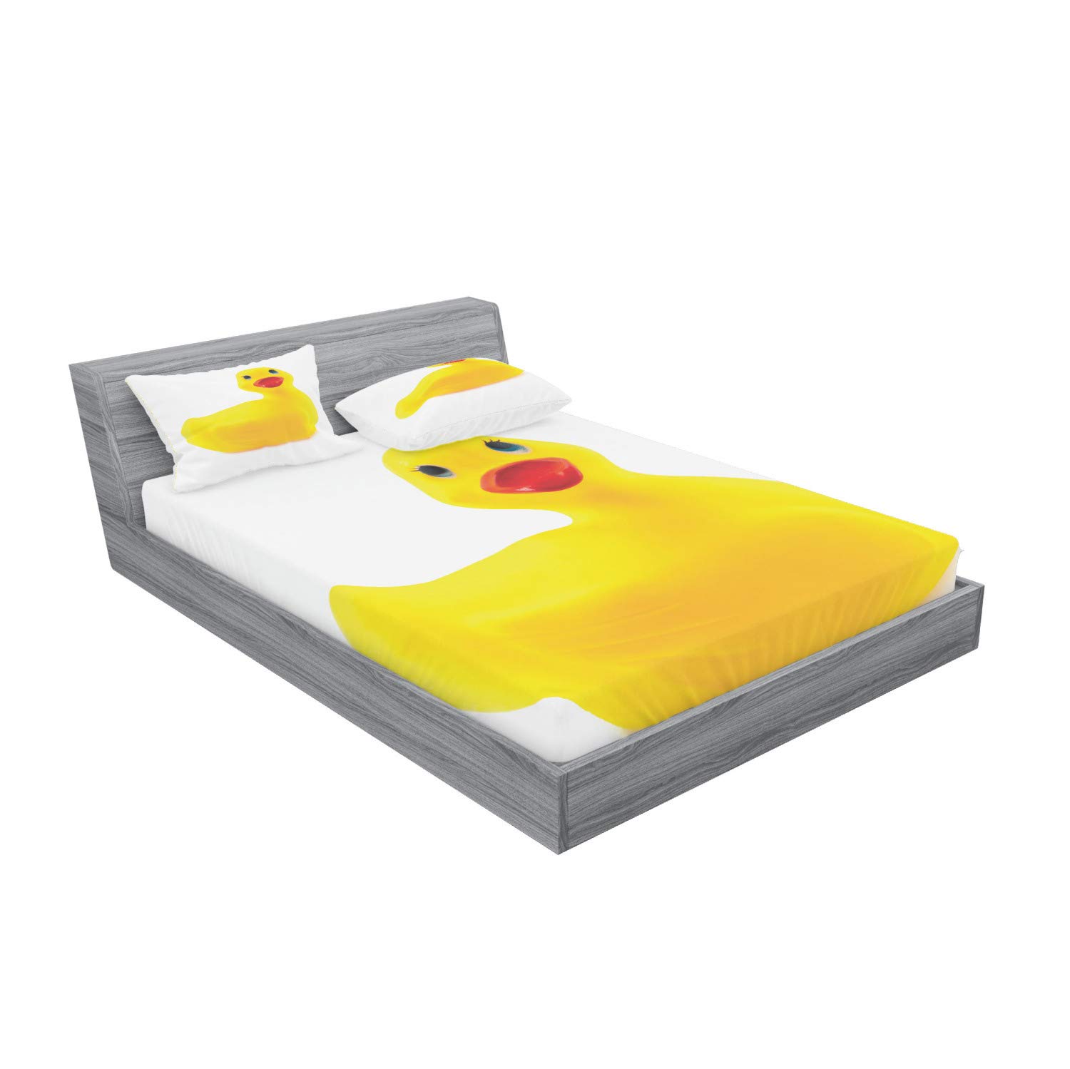 Ambesonne Rubber Duck Fitted Sheet & Pillow Sham Set, Yellow Squeak Ducky Toy Fun Bubble Bath Animal Kids Room Duckling Print, Decorative Printed 3 Piece Bedding Decor Set, Queen, White Yellow