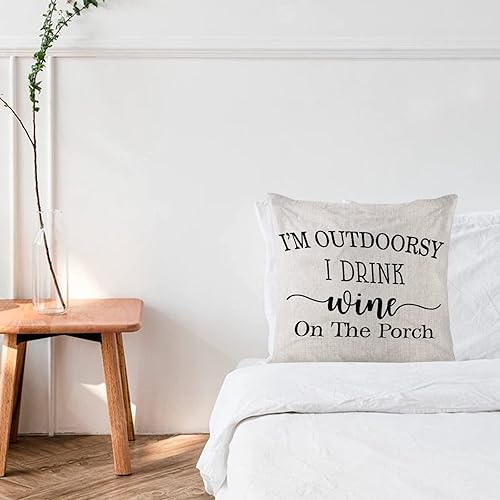 Miniatura 5 de Funda de almohada sólida de 18 x 18 pulgadas con texto en inglés "I'm Outdoorsy I Drink Wine On The Porche", funda de almohada decorativa cuadrada