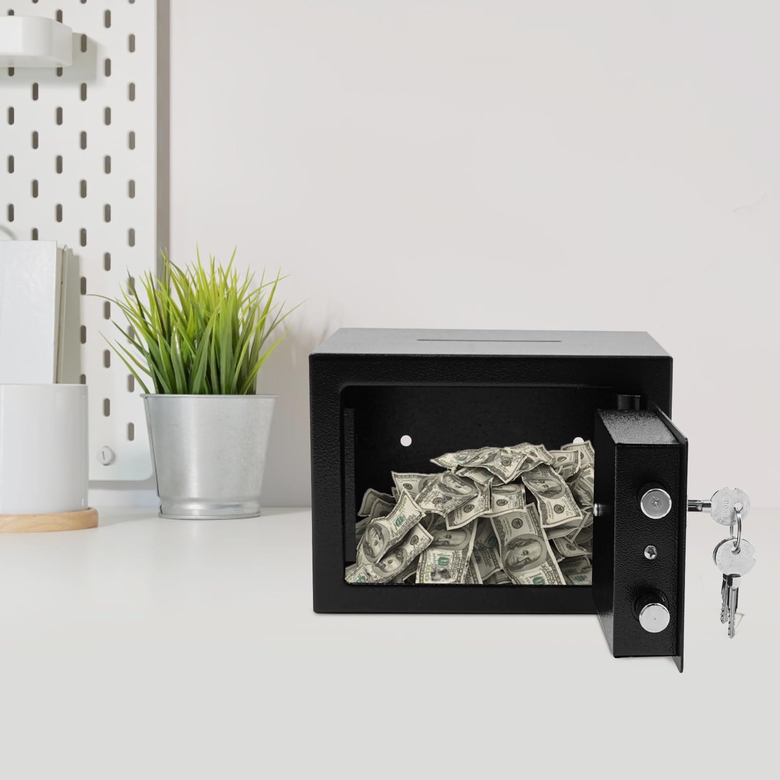 Petit coffre-fort mural avec fente et serrure mécanique, 23 x 17 x 17 cm, pour la maison et le bureau, rangement, argent et bijoux (noir)