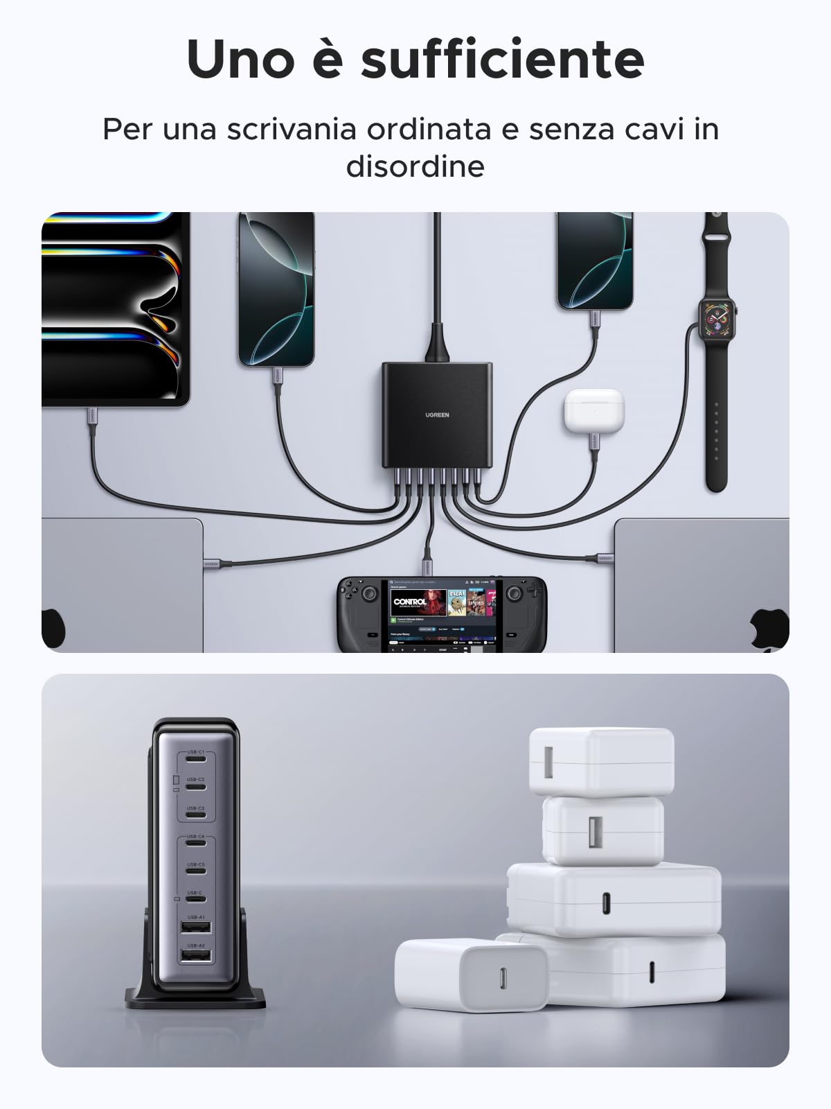 UGREEN Zapix 200W Caricatore USB C Multiplo Stazione di Ricarica GaN | 8 Puerto 100W PD 3.1 PPS 45W Alimentatore Compatible con MacBook Pro Air iPhone 17 Pro Max Air 16 Galaxy S26