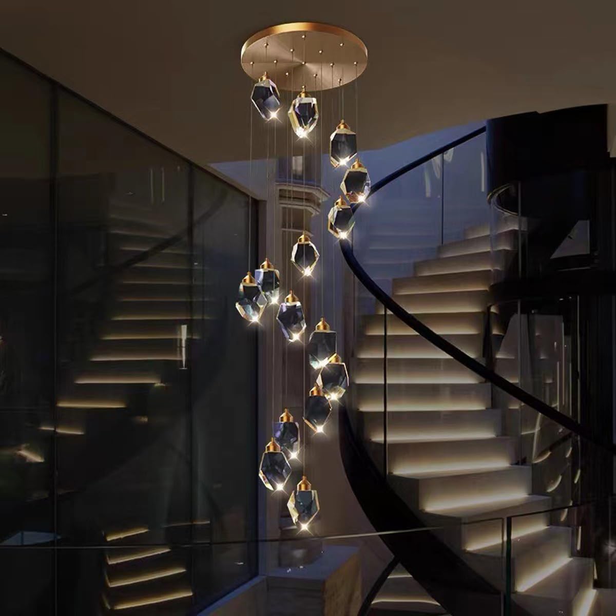 Suspension longue LED tricolore en cristal pour plafond creux de villa