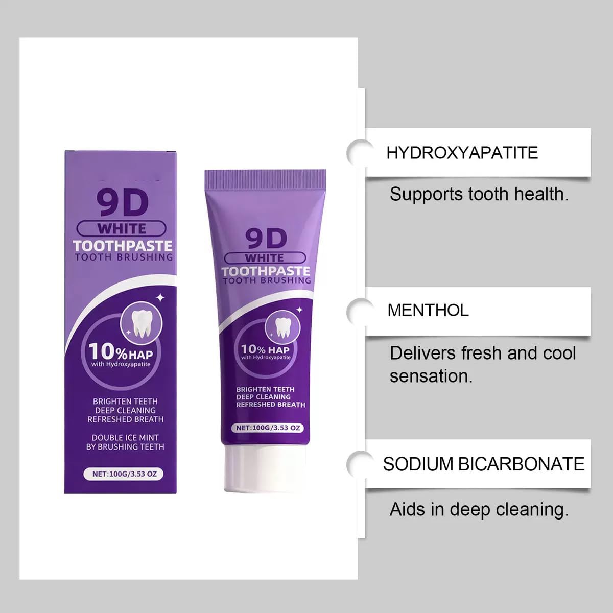 Dentifricio viola 9D per sbiancamento dei denti, dentifricio sbiancante idrossiapatite, dentifricio pulizia profonda, rimozione scolorimento dei denti. (5)