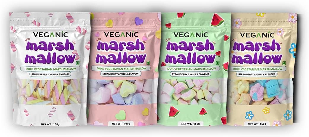 Veganic Marshmallows Pure Veg Pack Of 4 Heart Twist Flower & Watermelon Shaped Vegetarian Marshmallow Candy Soft And Tasty Candy Perfect For Kids Adults 160 * 4 gm