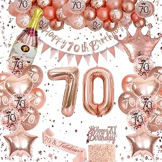 70th Birthday Decorations, Rose Gold Birthday Decoration, Women Birthday Party Decorations Set With 70th Birthday Balloons, Happy Birthday Banner, Champagne Balloon, Triangle Flag Banner