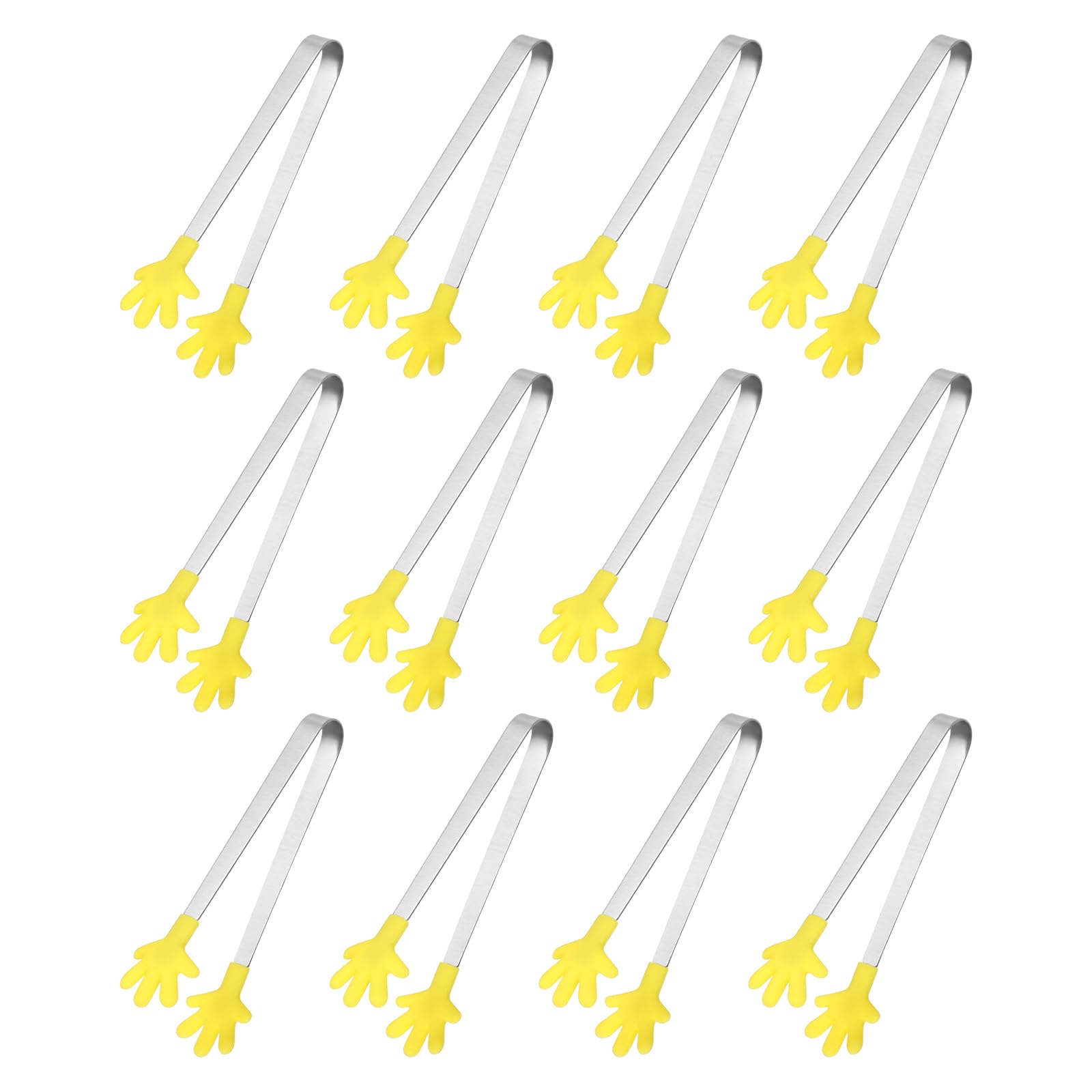 sourcing map 12PCS Silicone Mini Tongs, 12.5cm/5" Hand Shape Small Tongs for Food, Stainless Steel Handle with Non-Slip for Kitchen Sweets Ice Cubes Salad Sugar Fruits, Yellow