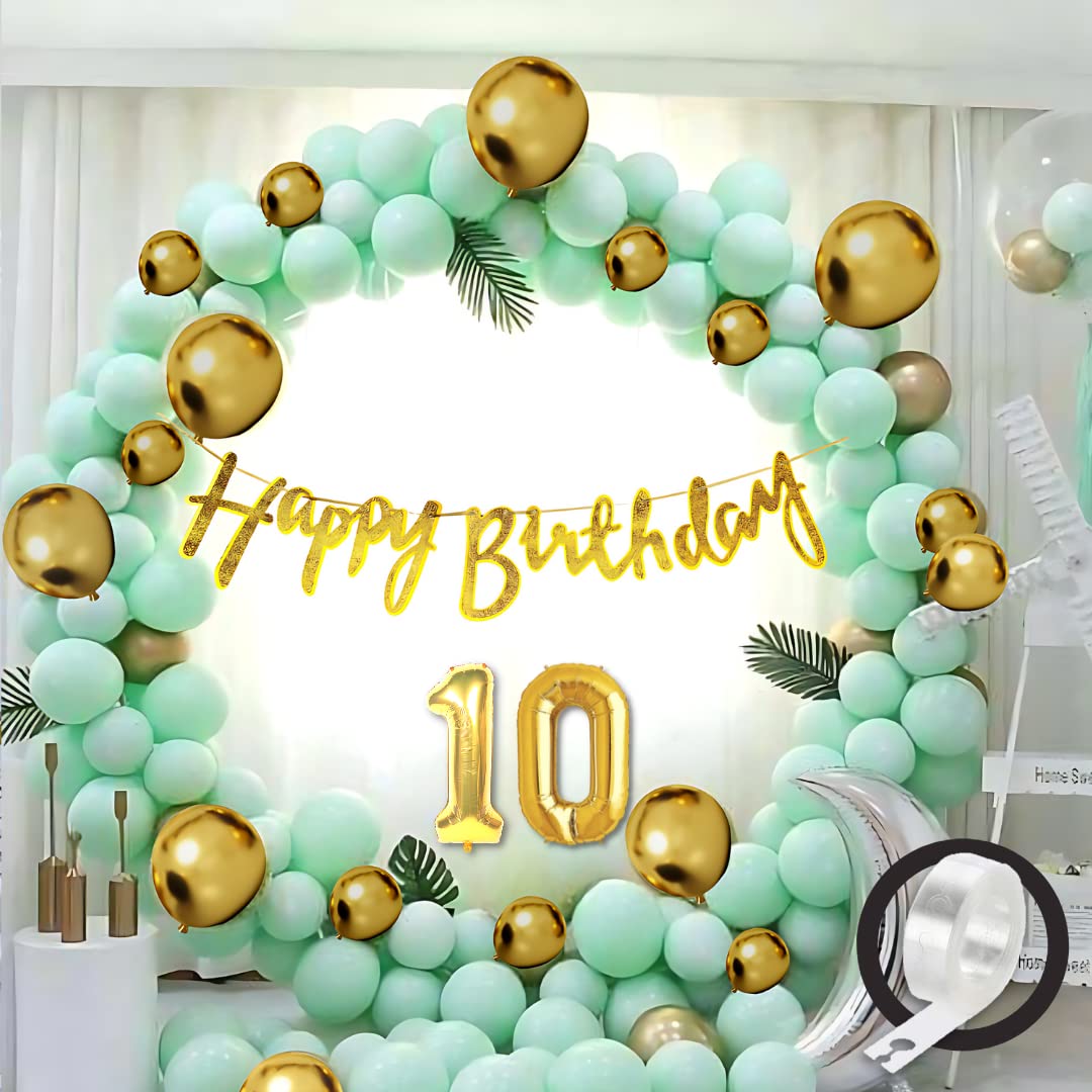 10th Green Gold Happy Birthday Decoration for Girls Kids Boys, Golden Glitter Happy Birthday Banner,Green Pastel Balloons,Golden Chrome Balloon,Arch Tape birthday decoration items for room-image-12