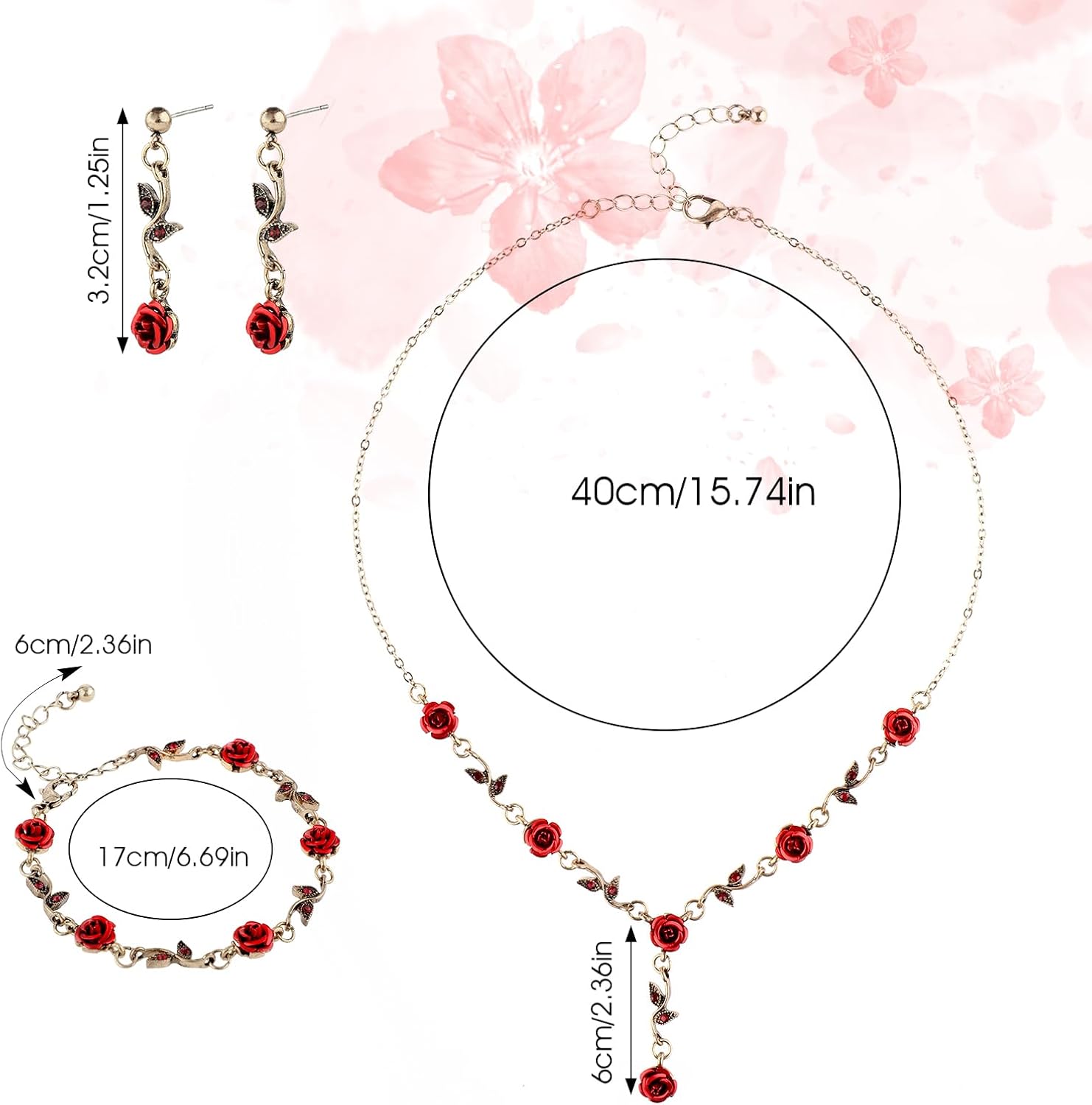 3 Pcs Red Rose Jewelry Set, Rose Flower Pendant Necklace, Dangle Earrings, Bracelet, Alloy Red Jewelry Sets for Women Wedding Party Gift - Image 2
