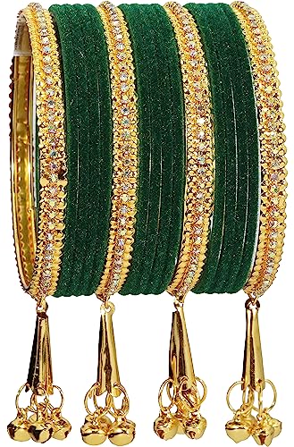 Image of NMII Metal with Zircon Gemstone and Velvet Studded Bells Latkan Bangles Set For Girls and Women I Latkan Bangles, Premium Bangle Bracelet Set I Pack of 16 Bangles