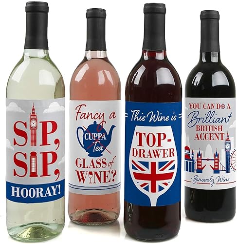 Big Dot of Happiness Cheerio, Londres, decoración de fiesta británica para mujeres y hombres, pegatinas para botellas de vino, juego de 4