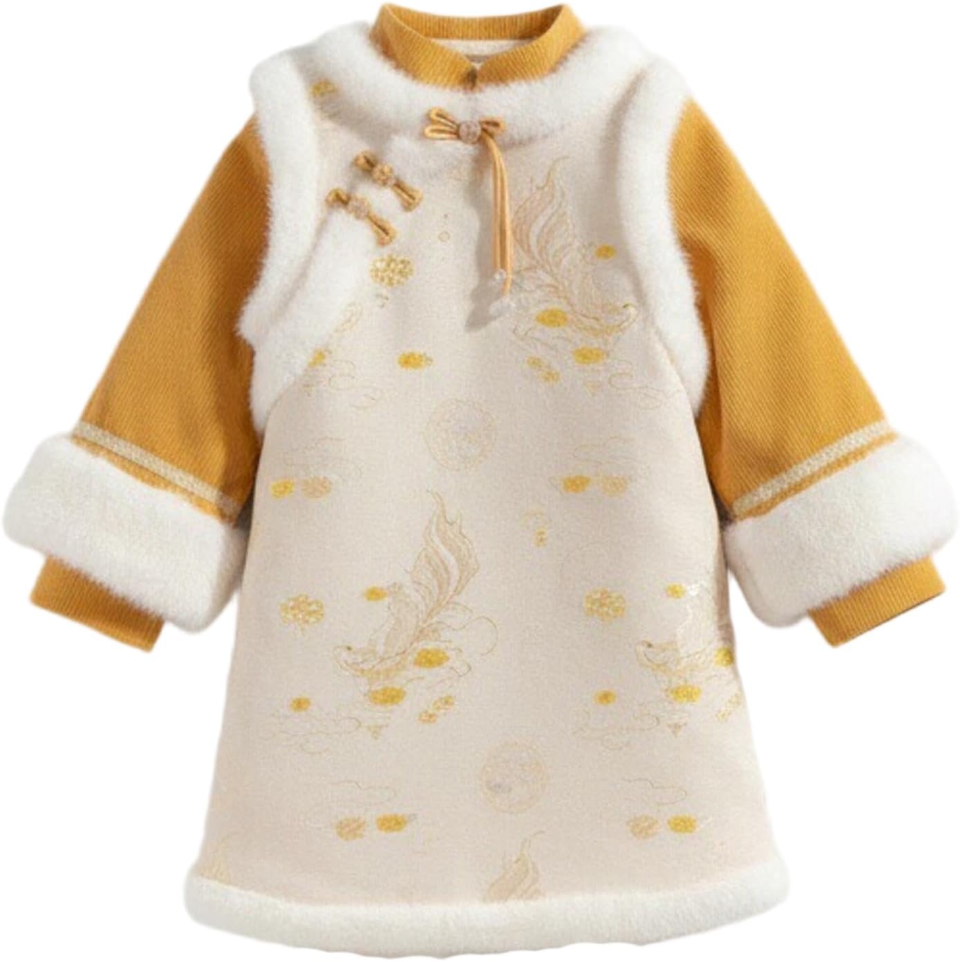 Girls Lunar New Year Outfits Kids Thick Warm Chinese Tang Suit Emboridery Jacket Coat Traditional Outwear and Wide Leg Pant