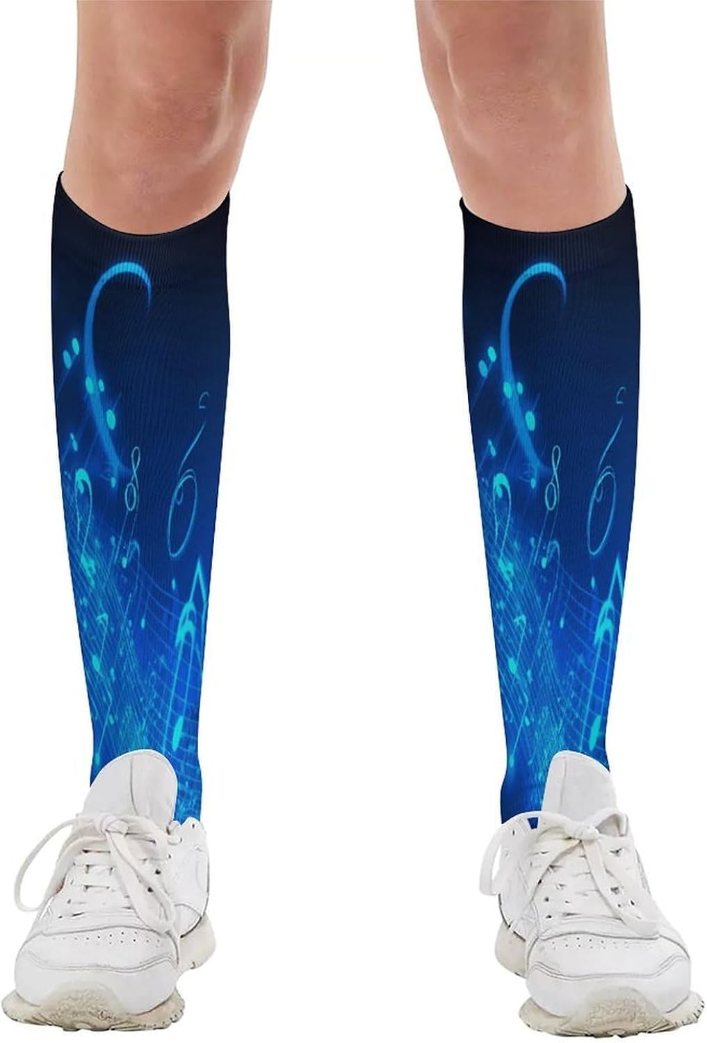Blue Musical Notes Mid-Calf Socks Women Warm Knee High Socks Cozy Hiking Skiing Soft Boot Mid Calf Stocking Unisex