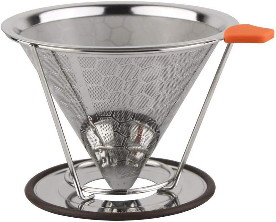 Premium Pour Over Coffee Filter - Standard 1-to-4 Set Cup Stainless Steel, Ultra-Fine Double Mesh Paperless Dripper Cone with Silicone, Non-Slip Handle - Dishwasher Safe (Pattern)