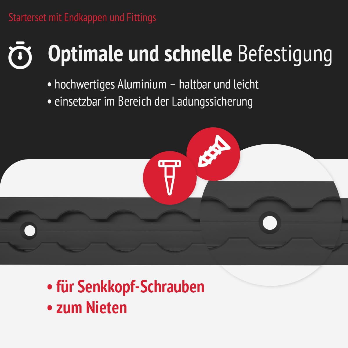 4 Airlineschienen eckig, schwarz 2 m mit 8 Endkappen, 8 Fittingen