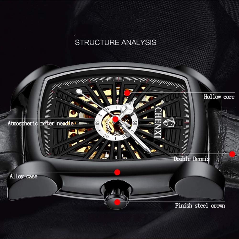 MASTOP Mechanische Herren-Armbanduhr, automatisch, ausgehöhlt, leuchtend, wasserdicht, Leder, rechteckig, Tourbillon-Skelett-Uhr