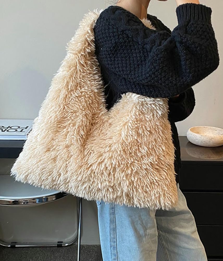 Cute Plush Tote Bag for Women Large Capacity Y2K Fluffy Shoulder Bag Stylish Underarm Purse Fall Winter Handbag 2024
