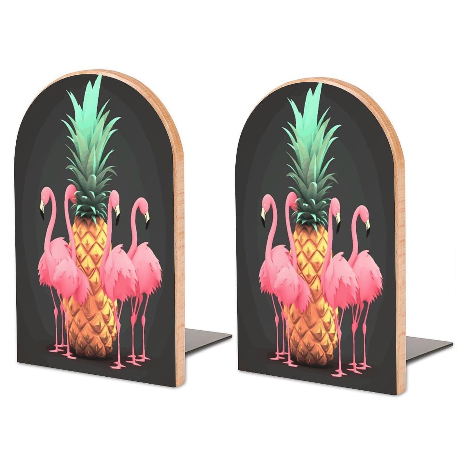 Personalized Pineapple Flamingos Book Ends for Shelves, Large Heavy Duty Wooden Bookends with Non-Skid Metal Base Book Holder Decorative Book Stopper for Home Office Supplies 1 Pair