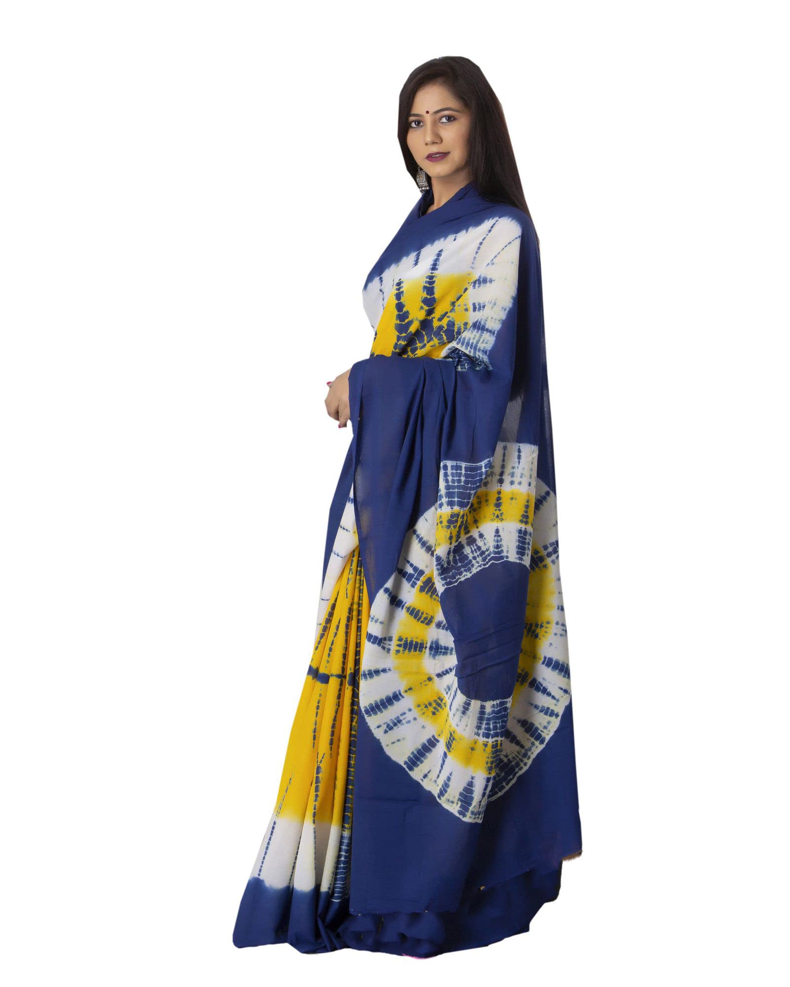 Shivanya Handicrafts Women's Hand Block Printed Cotton Mulmul Fabric Saree Shibori Tye and Dye printed With Blouse Piece Traditional Jaipuri Print_PSH-0870 (Green & Pink)