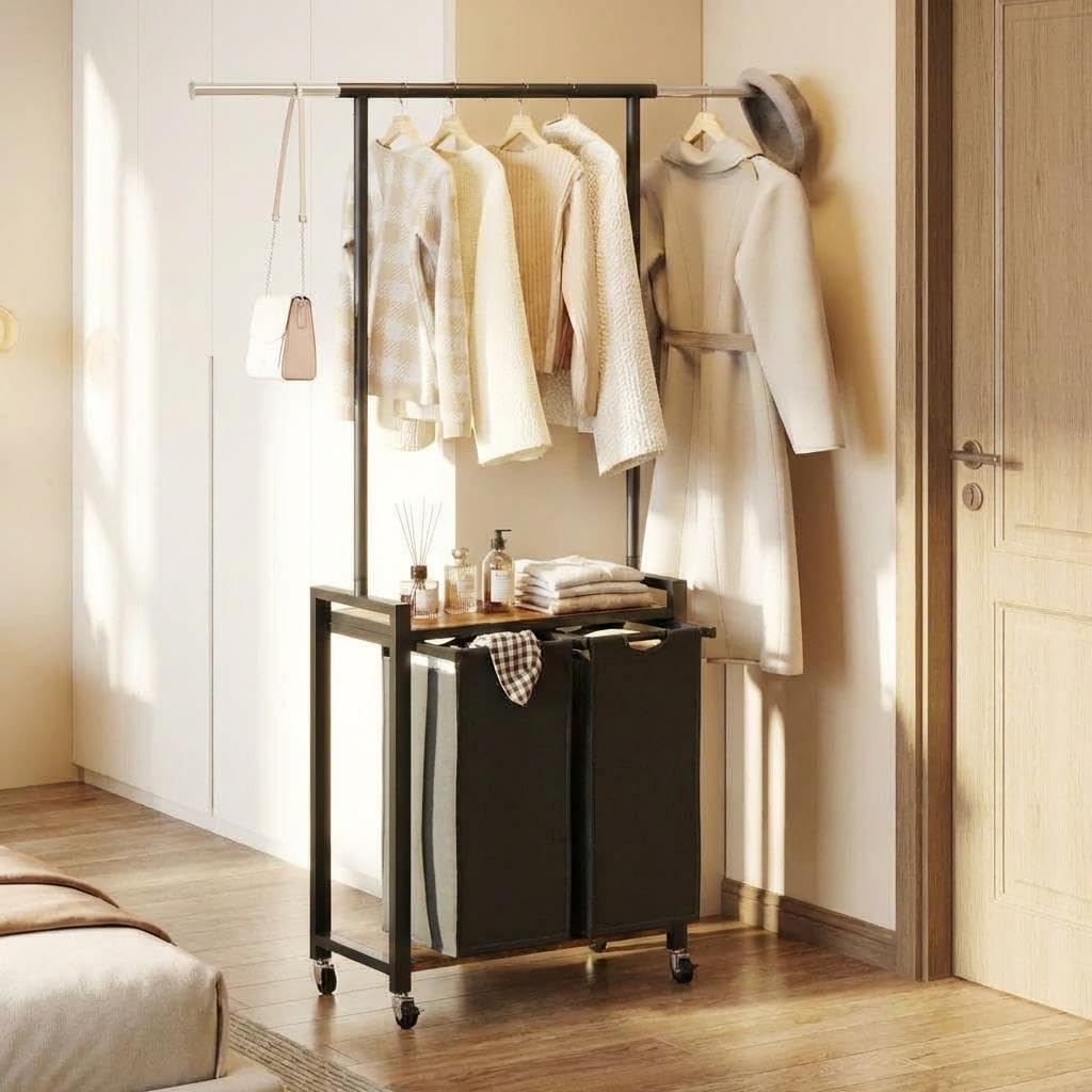 IDEALHOUSE Laundry Sorter 2 Section with Hanging Rack,Rolling Laundry Sorter Hamper with Shelf & Lockable Wheels,Laundry Basket Organizer for Laundry