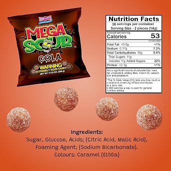 Barnetts - Mega Sour Candy Cola 500g - Trendy Sweet Bags - Traditionally Handmade Sweets - Sour Coating Lasts 20 Seconds - Candies for Party Bag, Gift Hamper, or Hamper Box