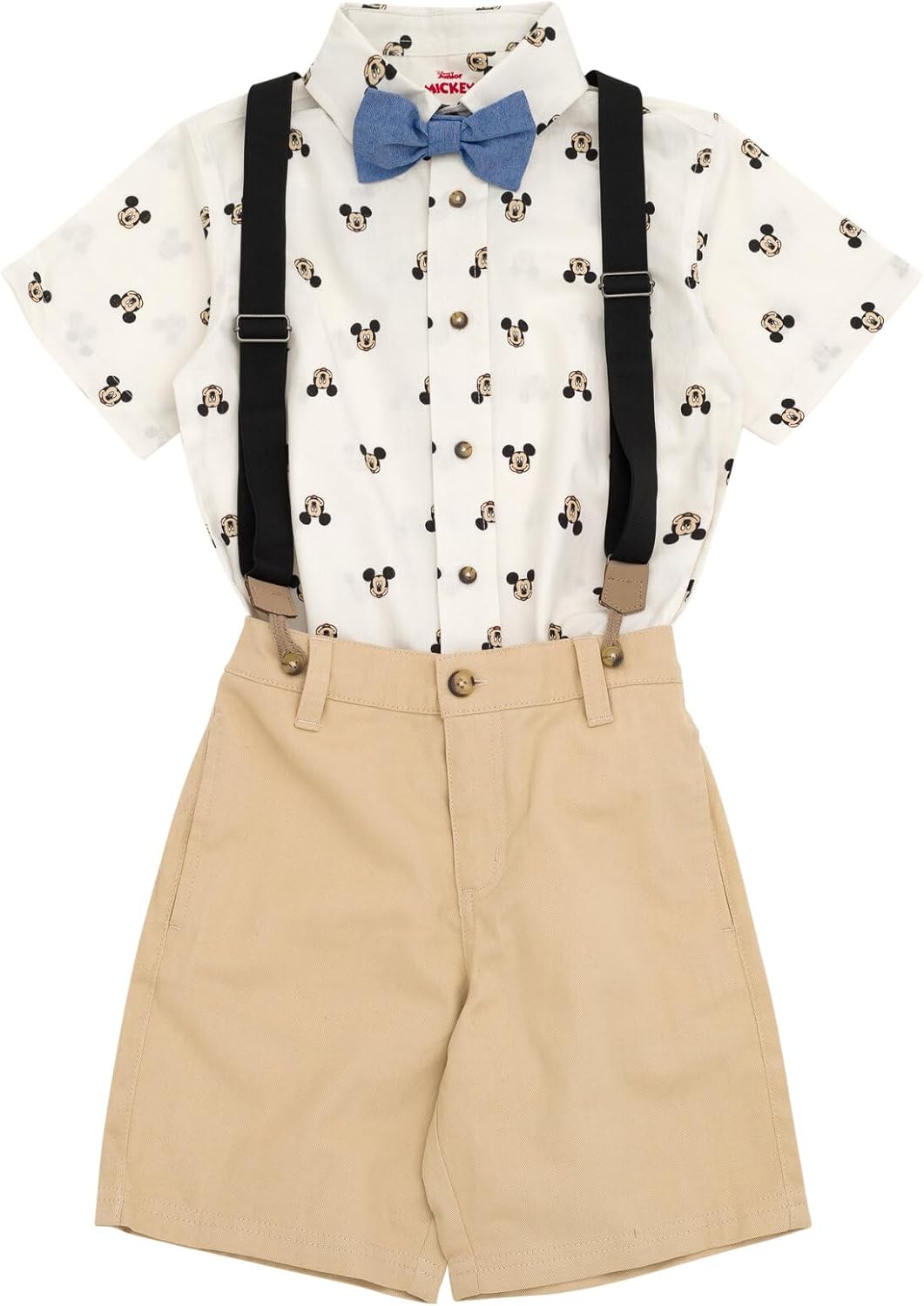 Disney Mickey Mouse Button Down Shirt Twill Pants Suspenders and Bow-Tie 4 Piece Outfit Set Infant to Little Kid