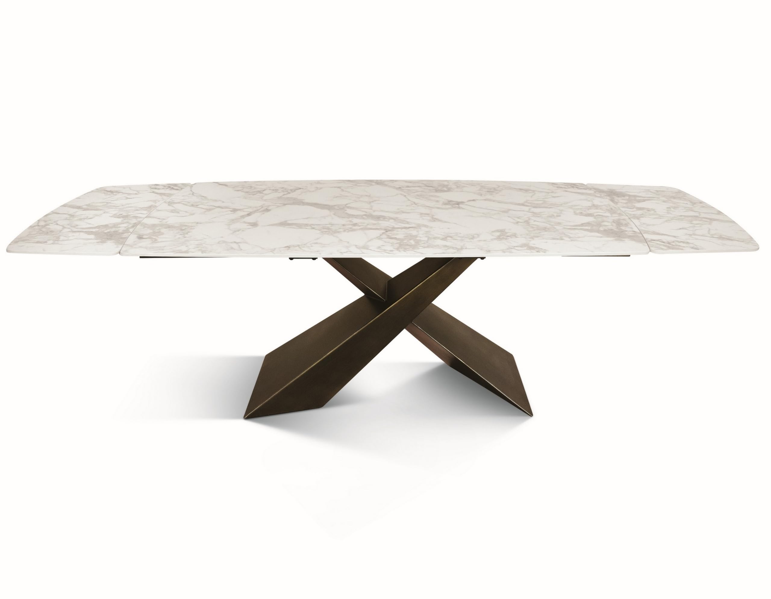 KONTE.DESIGN Tavolo FIGARI in vetroceramica bianco arabesco con gambe a X in metallo bronzo, allungabile 160x90 cm - 240x90 cm