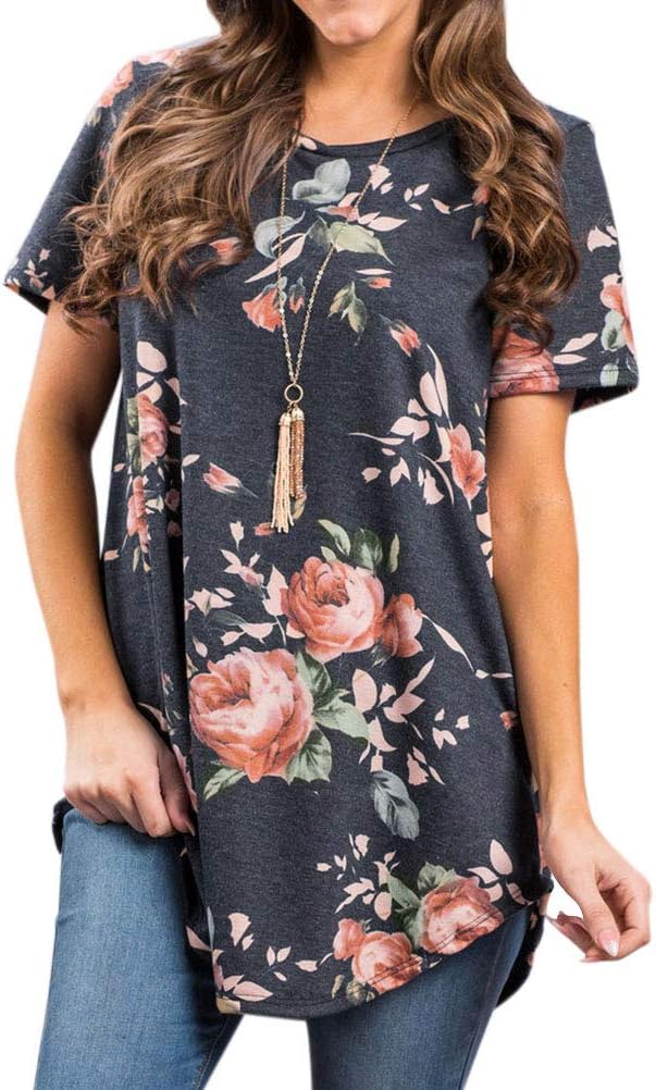 Ezcosplay Womens Tunic Tops Short Sleeve Summer Floral Print Casual Asymmetric Hem Tunic Shirts to Wear with Leggings
