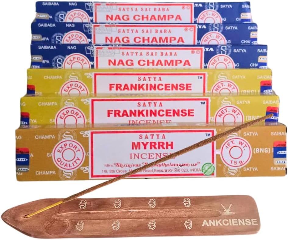 Satya Nag Champa, Frankincense & Myrhh with ANKCIENSE incense holder pack of 3 fragrances variety pack of 90 sticks Insense Insence - Image 2