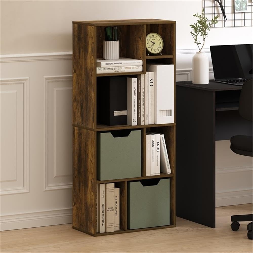 Pemberly Row 7-Cube Storage Bookcase, Amber Pine Finish, Irregular Asymmetrical Design, Composite Wood, 18.9 W x 9.45 D x 42.13 H in, Versatile Vertical or Horizontal Shelf for Modern Home or Office