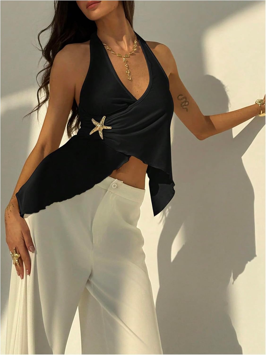 MakeMeChic Women's Halter Tops Asymmetrical Open Back Top Going Out Festival Tops - Image 4