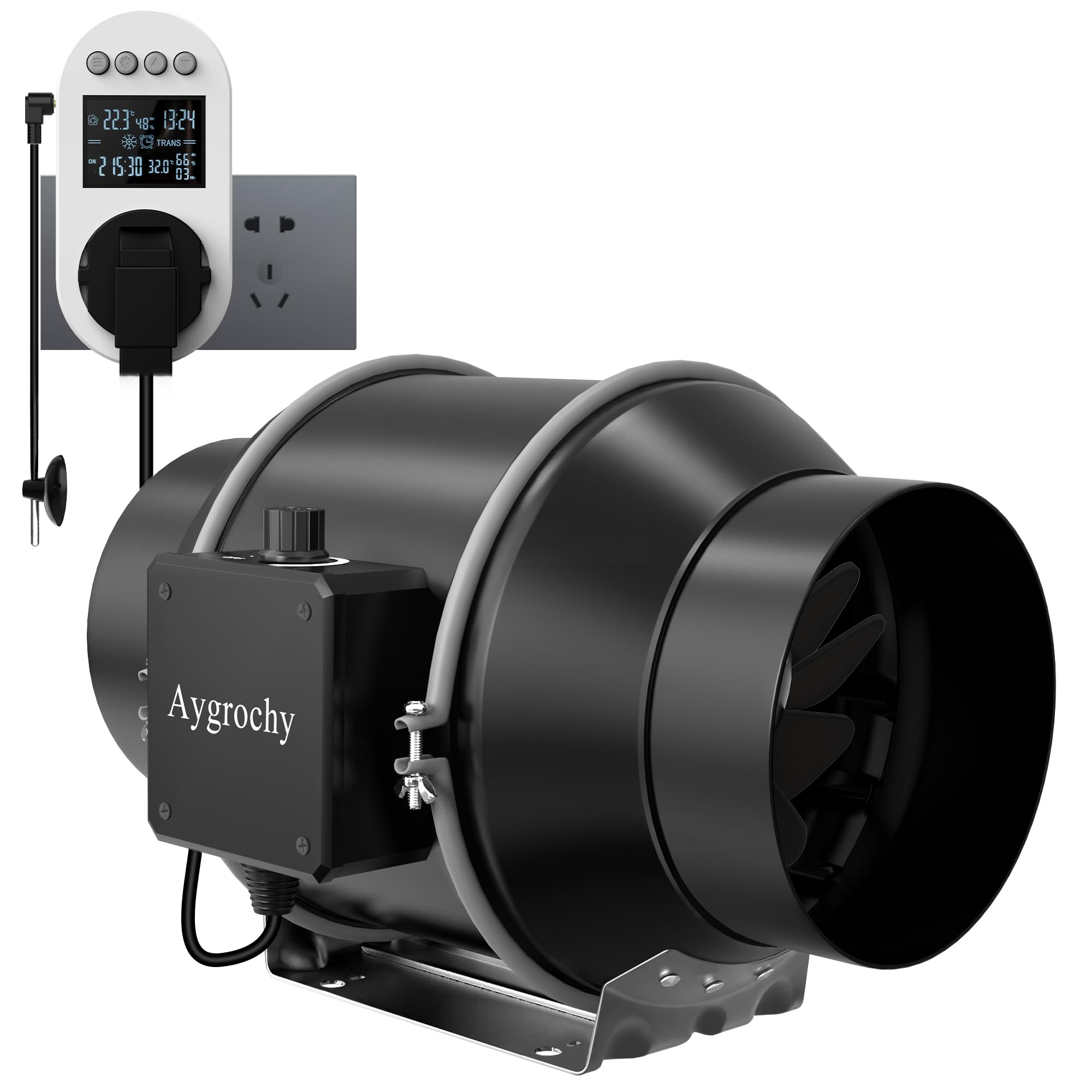 Aygrochy 150mm Rohrventilator EC Lüfter regelbar leise für Abluft | Steckdose mit Timer, nachlauf, Temperatursensor und Feuchtigkeitssensor, für Wintergarten Growzelte Keller