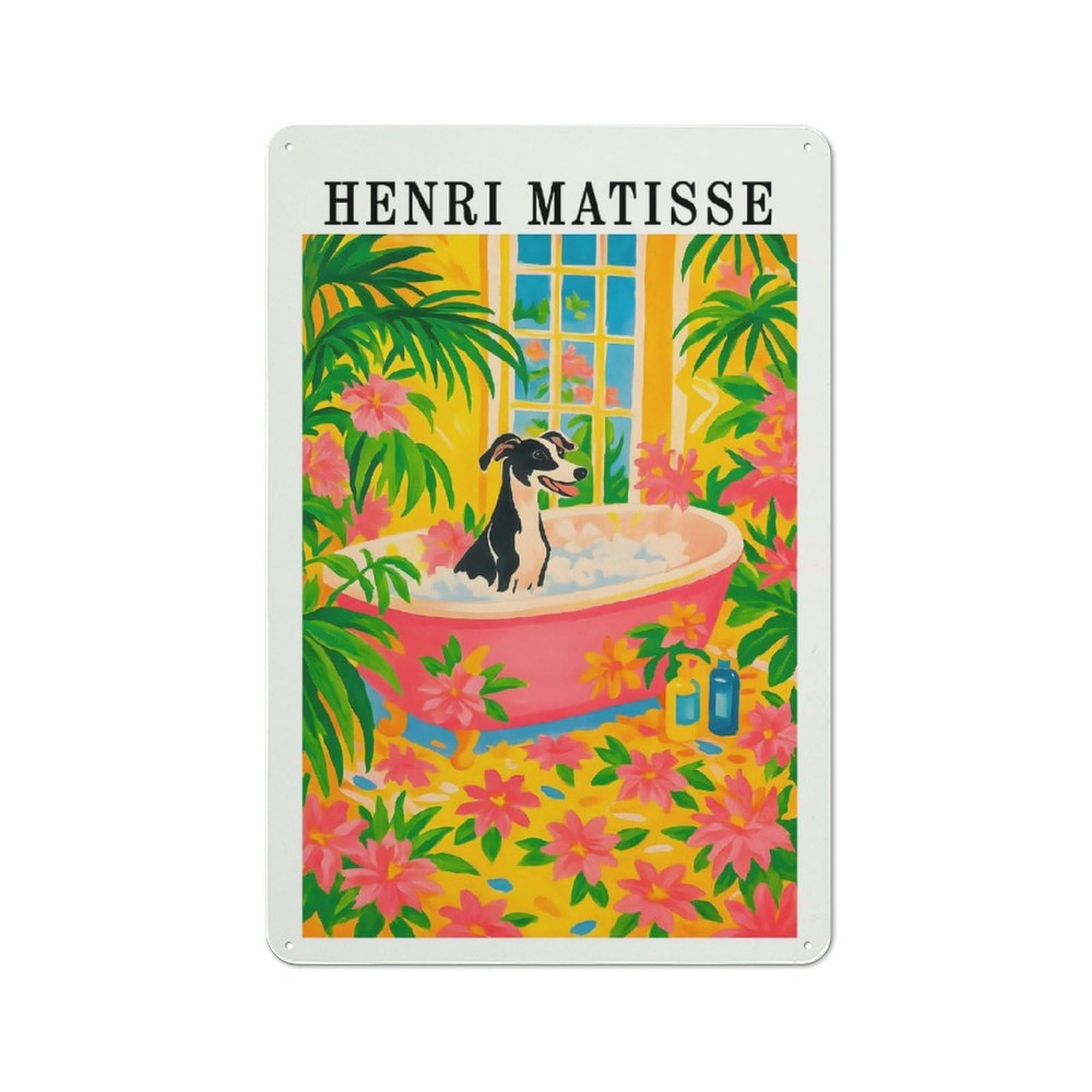 Junmoney Style-2 Henri Matisse Style Dog In Bathtub Rustic Metal Sign 30X20cm For Pub Or Café, For Collectors Of Rustic Metal Wall Decor
