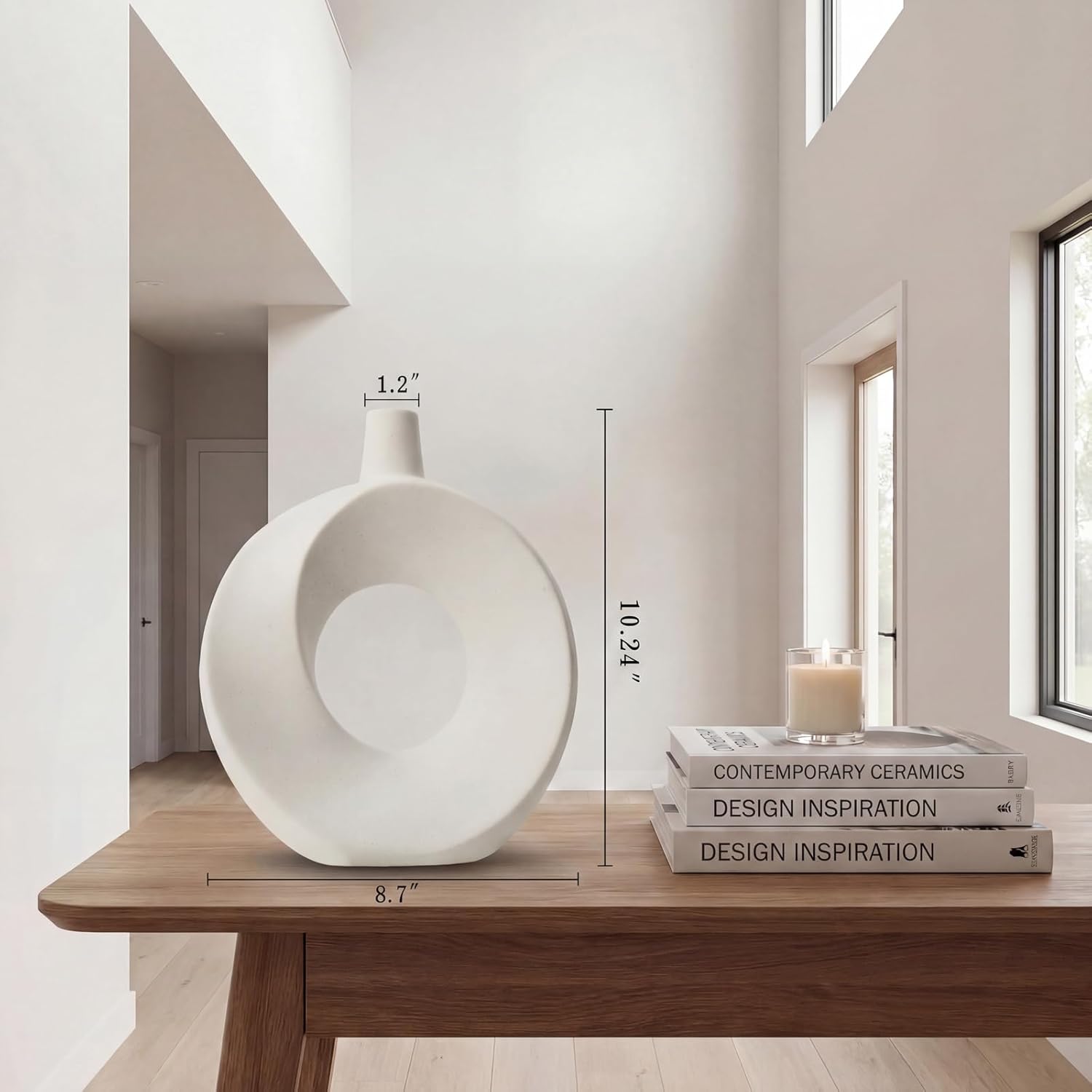 10.24" White Ceramic Donut Vase for Pampas Grass - Modern Speckled Matte Circular Hollow Vase, Minimalist Japandi Style Flower Vase for Living Room, Mantel, Kitchen (Watertight & Handmade)