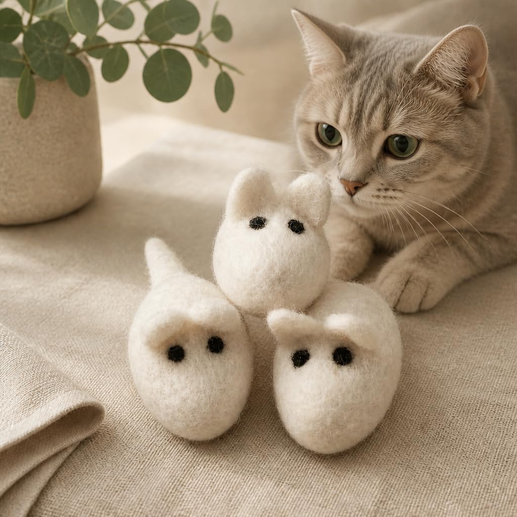 Juguetes de ratón para gatos, 3 ratones de lana de fieltro sin hierba gatera para gatos y gatitos de interior, ratones grandes hechos a mano, color blanco
