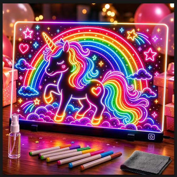 16 Inch LED Drawing Board for Kids - Light Up Doodle Board with 7 Colors Glow Effect Dry Erase Drawing Tablet with Stand & Tracing Book Birthday Gifts for Girls Boys Ages 4-12
