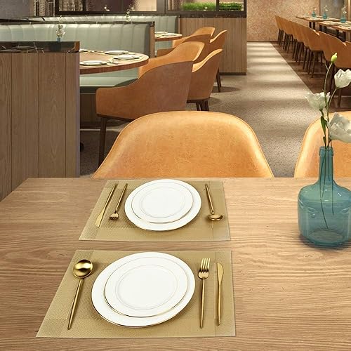 Miniatura 7 de DACHUI Juego de 4 manteles individuales, elegantes manteles individuales tejidos para mesa de comedor, lavables y duraderos de PVC (dorado)