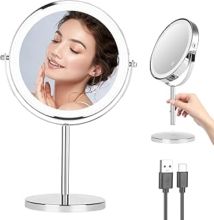 Desktop Magnifying Makeup Mirror with Lights, 8 inch Rechargeable Double Sided 1X/10X Vanity Mirror with 3 Colors Light, 360° Smart Touch Lighted Makeup Mirror with Adjustable Brightness (Chrome)