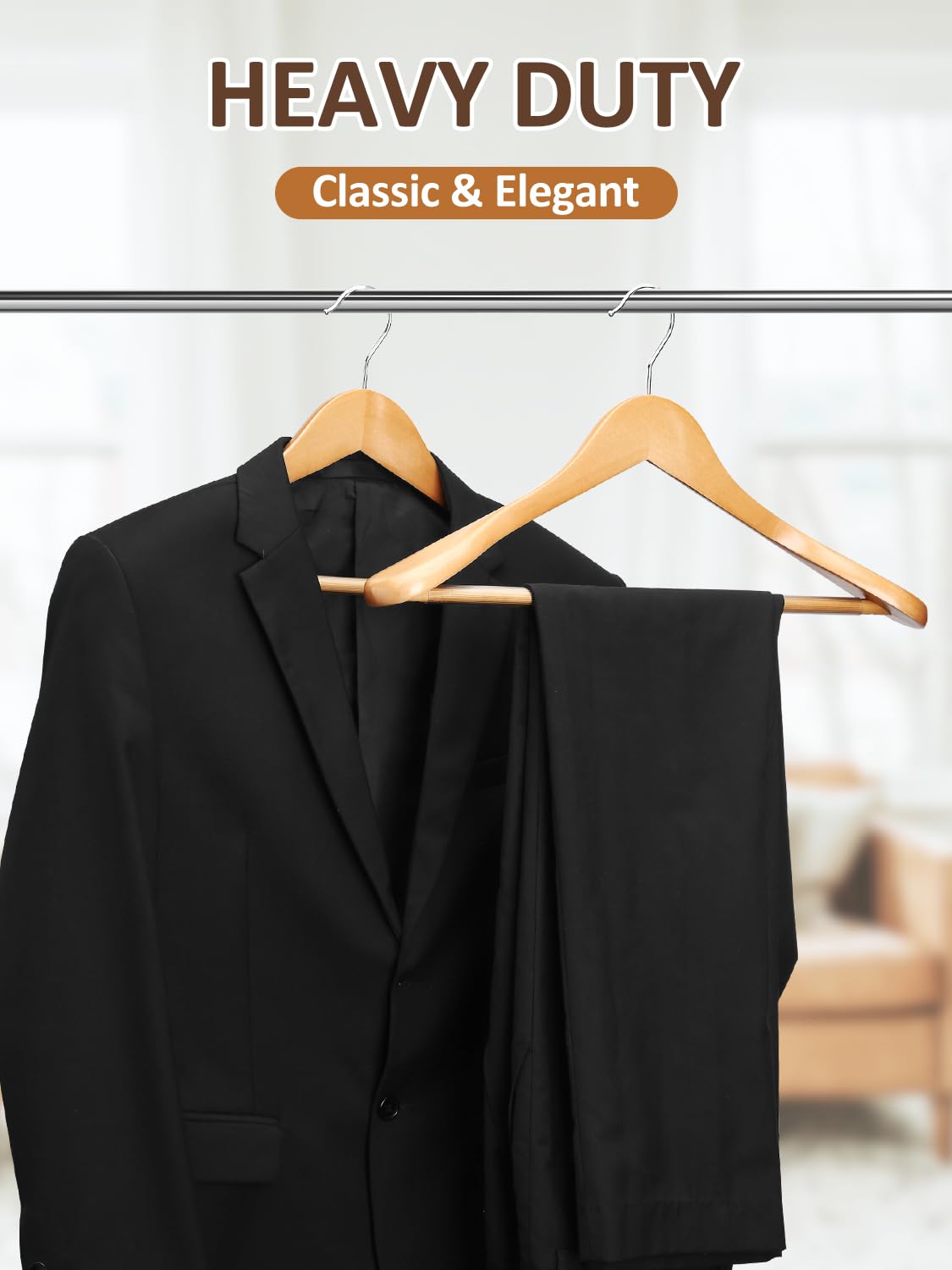 AMKUFO Perchas de madera de hombro ancho, paquete de 8 perchas con barra antideslizante para pantalones, perchas de madera resistentes con acabado suave, gancho giratorio de 360° para suéter, chamarra