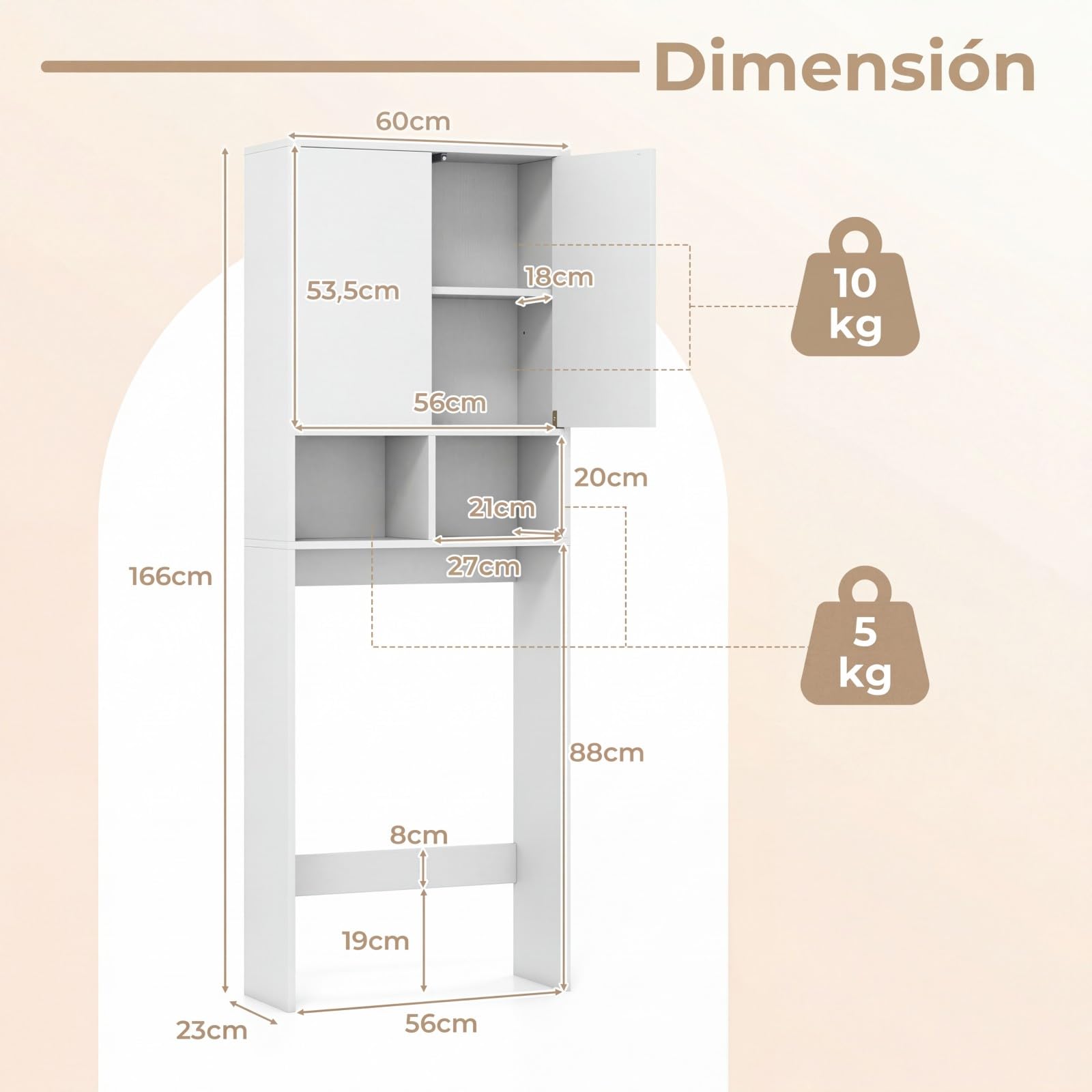 COSTWAY Armario de Almacenamiento sobre el Inodoro, Mueble Organizador de Baño con Puertas, 2 Compartimentos Abiertos, Estante Ajustable, Gabinete Estantería Ahorro de Espacio para Lavandería, Blanco
