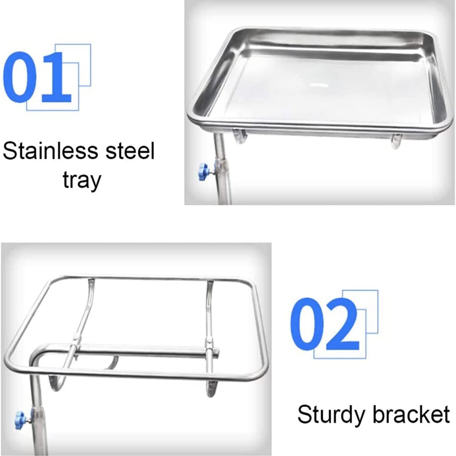 Bandeja móvil Mayo, carrito de acero inoxidable de altura ajustable con bandeja extraíble para instrumentos y ruedas para equipos médicos, spa, médicos y tatuajes