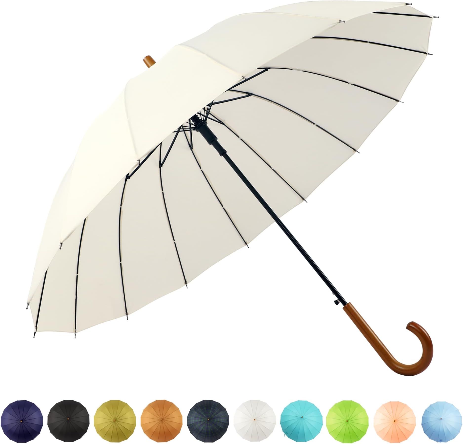 16 Ribs 48" Stick Umbrella Auto Open Solid Color Fashionable and Simple,Arc Classic Wood Handle,Windproof Unbreakable Stick Rain Umbrella